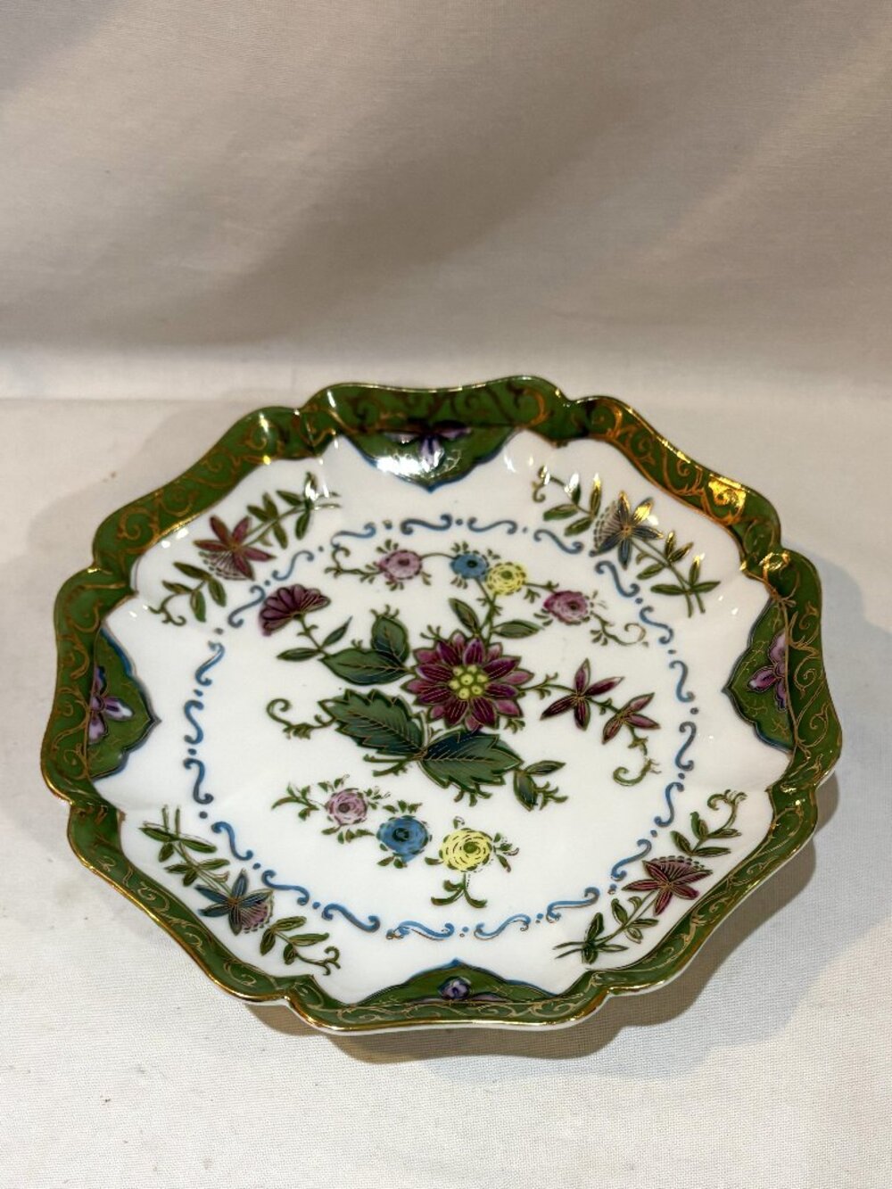 VTG L J Japan Octagonal Dish Hand Painted Floral Gold Enameled Details